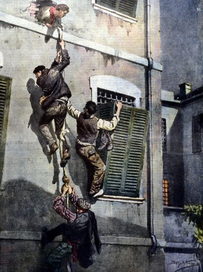 Una fuga audace di quattro detenuti dalla prigione di Asti dopo aver sfondato il muro. Disegno di Beltrame. La Domenica del Corriere. 1902 da Achille Beltrame