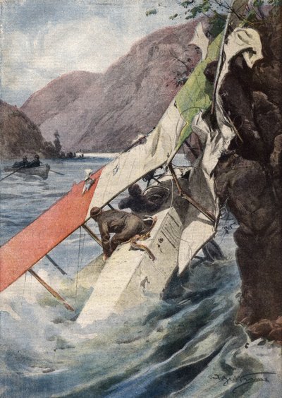 Un volo di ricognizione drammatico: dopo un combattimento, senza motore né elica, due aviatori riuscirono sorprendentemente a raggiungere le linee italiane e caddero nel fiume Isonzo. Ill. di Beltrame. La Domenica del Corriere. 10/1917 da Achille Beltrame