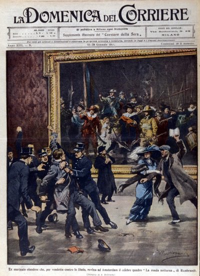 Un ex marinaio olandese ha tentato di saccheggiare il famoso dipinto di Rembrandt van Rijn, "La ronda di notte". Copertina de "La Domenica del Corriere", ill. di Beltrame, 01/1911 da Achille Beltrame