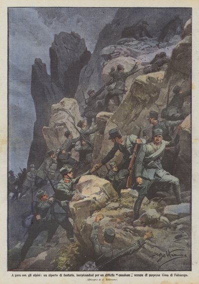 A gara con gli alpini, un riparto di fanteria, inerpicandosi per un difficile canalone occupa da Achille Beltrame