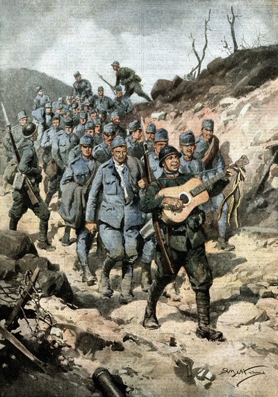 Un eroe felice. Dopo aver catturato quaranta austriaci e una chitarra in una grotta, il soldato Buoncompagni marciò alla testa del gruppo di prigionieri cantando. Ill. di Beltrame. La Domenica del Corriere. 10/1917 da Achille Beltrame