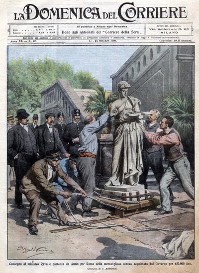 Una statua acquistata dal governo per 450 mila lire viene portata a Roma e consegnata al Ministro Rava. Ill. di Beltrame. La Domenica del Corriere. 10/1909 da Achille Beltrame