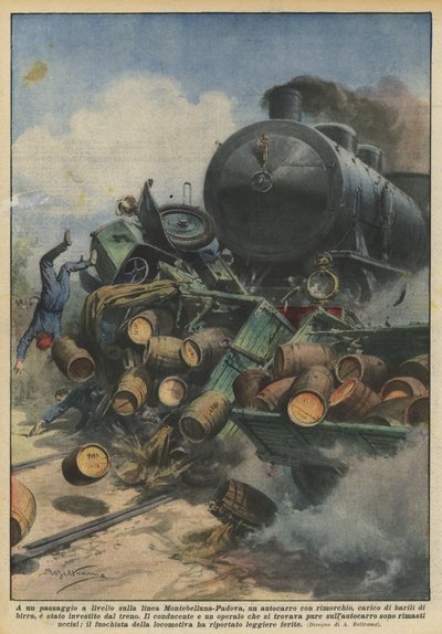 A un passaggio a livello sulla linea Montebelluna-Padova, un autocarro con rimorchio da Achille Beltrame
