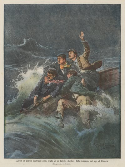 Agonia di quattro naufraghi sulla chiglia di un battello sbattuto dalla tempesta, sul lago di Ginevra da Achille Beltrame