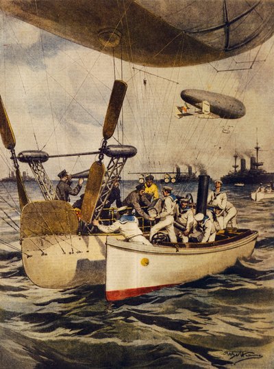 Dirigibili che riforniscono navi da guerra durante il loro viaggio, illustrazione di Achille Beltrame, da La Domenica del Corriere, 5 maggio 1910 da Achille Beltrame