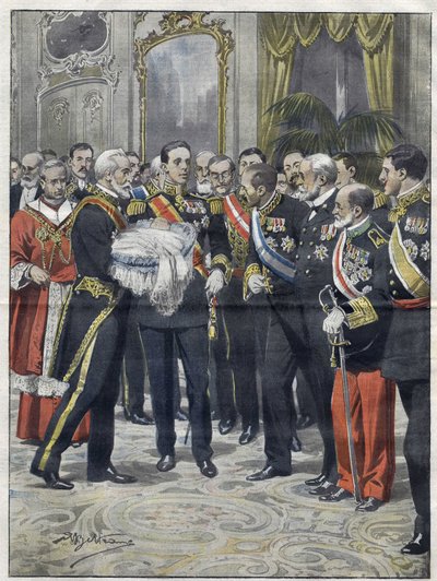 Alfonso XIII (1886-1941), Re di Spagna alla cerimonia di presentazione di suo figlio Alfonso (1907-1938), Conte di Covadonga, Principe delle Asturie. Disegno di Achille Beltrame. del 1907 da Achille Beltrame