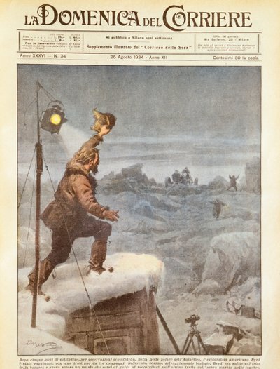 Esploratore americano, Richard E Byrd, raggiunto dai compagni in Antartide dopo essere stato solo per cinque mesi, di Achille Beltrame, illustrazione, Illustratore Achille Beltrame (1871-1945), da La Domenica del Corriere, 26 agosto 1934 da Achille Beltrame