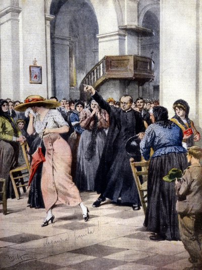 Un esempio di moralismo religioso: una giovane donna viene cacciata dalla chiesa da un prete e dai fedeli scandalizzati per il suo abbigliamento leggero. Ill. di A. Beltrame. "La Domenica del Corriere" da Achille Beltrame