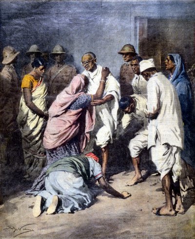 Arresto di Mahatma Gandhi (1869 - 1948). Ill. di Achille Beltrame. La Domenica del Corriere. 1932 da Achille Beltrame