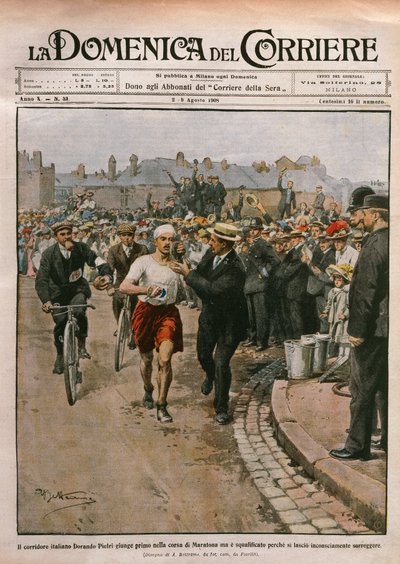 Arrivo di Dorando Pietri nella maratona, Olimpiadi di Londra, illustrazione da La Domenica del Corriere da Achille Beltrame