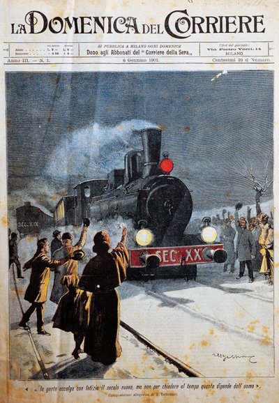 Arrivo del nuovo secolo, persone che accolgono il nuovo secolo con gioia, illustrazione di Achille Beltrame (1871-1945), da La Domenica del Corriere, 6 gennaio da Achille Beltrame