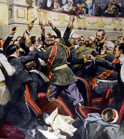 Attentato contro il ministro russo Stolypin al teatro municipale di Kiev. Illustrazione di Beltrame da Achille Beltrame