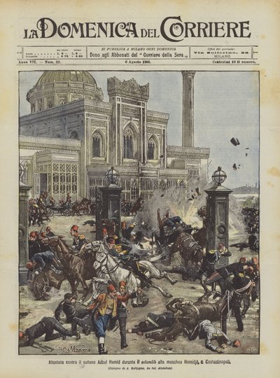 Attentato contro il sultano Abdul Hamid durante il selamlik alla moschea Hamidie a Costantinopoli da Achille Beltrame