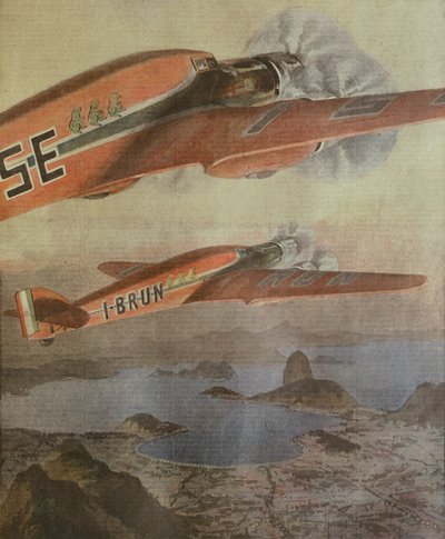 Volo transatlantico Italia-Brasile di Attilio Biseo e Bruno Mussolini, di Achille Beltrame, illustrazione, da La Domenica del Corriere, 6 febbraio 1938 da Achille Beltrame