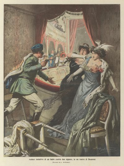 Audace tentativo di un ladro contro due signore, in un teatro di Bucarest da Achille Beltrame