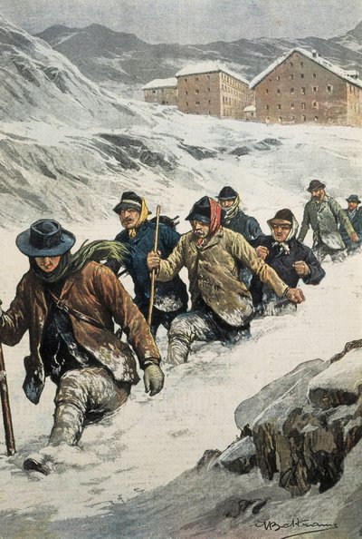 Lavoratori italiani attraversano il Passo del Gran San Bernardo tra Aosta e Svizzera. Copertina di “La Domenica del Corriere”. 14/02/1904. Litografia. da Achille Beltrame