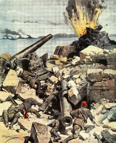 Battaglia dei Dardanelli, la flotta anglo-francese distrugge i forti dei Dardanelli per aprire lo stretto e arrivare a Costantinopoli, illustrazione da La Domenica del Corriere, 14-21 marzo da Achille Beltrame