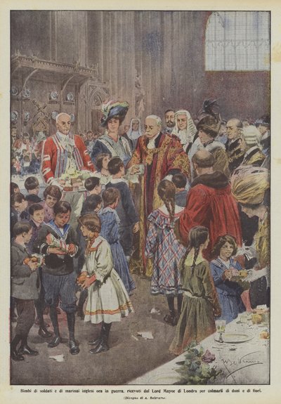Bimbi di soldati e marinai inglesi in guerra, ricevuti dal Lord Mayor di Londra da Achille Beltrame