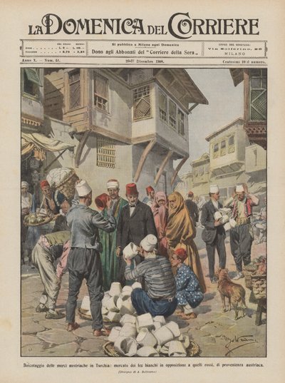 Boicotaggio delle merci austriache in Turchia, mercato dei fez bianchi in opposizione a quelli da Achille Beltrame