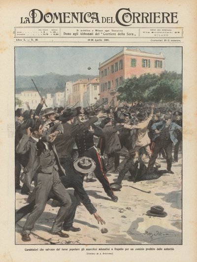 Carabinieri che salvano dal furor popolare gli anarchici adunatisi a Rapallo per un comizio proibito dalle autorità da Achille Beltrame