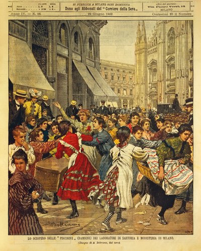 Sciopero dei bambini noto come Piscinine nei laboratori di sartoria e modisteria a Milano, illustrazione di Achille Beltrame, da La Domenica del Corriere, 29 giugno 1902 da Achille Beltrame