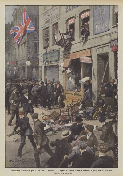 Commosso e indignato per la fine del Lusitania, il popolo di Londra assale e devasta le proprietà dei tedeschi da Achille Beltrame