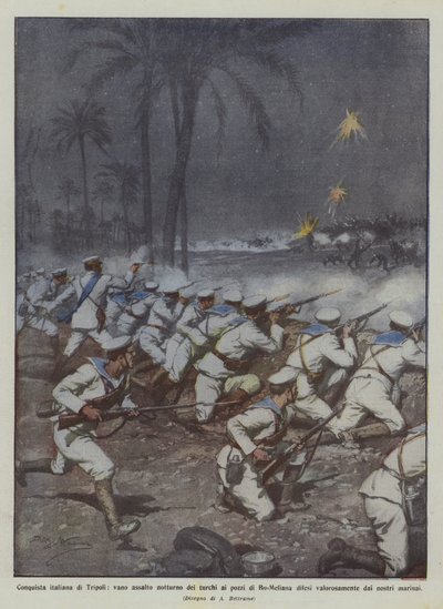 Conquista italiana di Tripoli, vano assalto notturno dei turchi ai pozzi di Bu-Meliana da Achille Beltrame