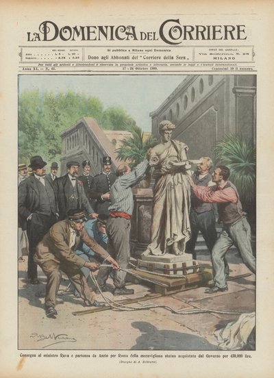 Consegna al ministro Rava e partenza da Anzio per Roma della meravigliosa statua acquistata da Achille Beltrame