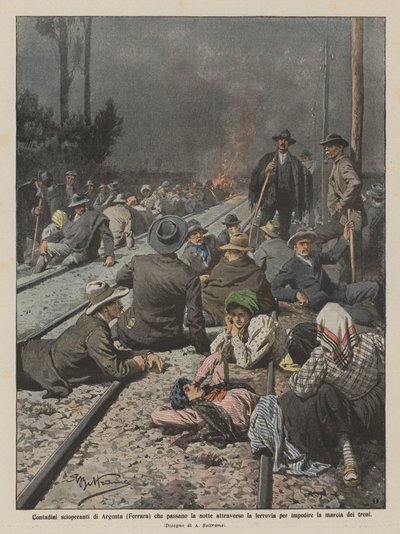 Contadini scioperanti di Argenta che passano la notte attraverso la ferrovia da Achille Beltrame