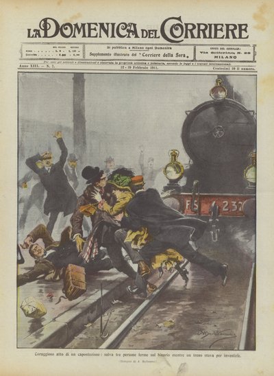 Coraggioso atto di un capostazione, salva tre persone ferme sul binario da Achille Beltrame