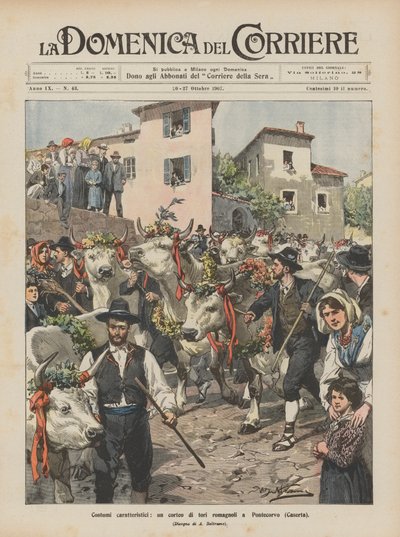 Costumi caratteristici, un corteo di tori romagnoli a Pontecorvo (Caserta) da Achille Beltrame