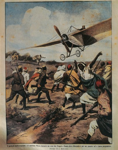Illustrazione di copertina del Capitano Moizo che tenta un atterraggio di emergenza durante la Campagna Africana, di Achille Beltrame, da La Domenica del Corriere, 22 settembre 1912 da Achille Beltrame