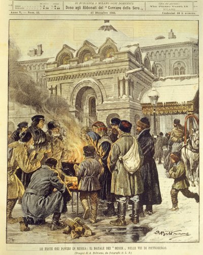 Illustrazione di copertina dei Mujik che celebrano il Natale nelle strade di San Pietroburgo, Russia da Achille Beltrame