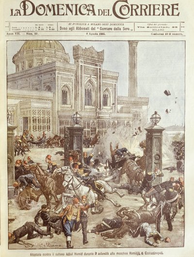Illustrazione di copertina del tentativo di assassinio contro il Sultano Abdul Hamid a Costantinopoli da Achille Beltrame