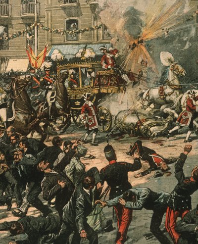 Illustrazione di copertina del tentativo di assassinio del Re Alfonso XIII nel giorno del suo matrimonio, 31 maggio 1906, Madrid, Spagna da Achille Beltrame