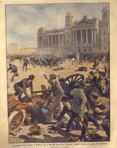 Illustrazione di copertina dei combattimenti in Piazza del Parlamento durante la ribellione di Budapest da Achille Beltrame