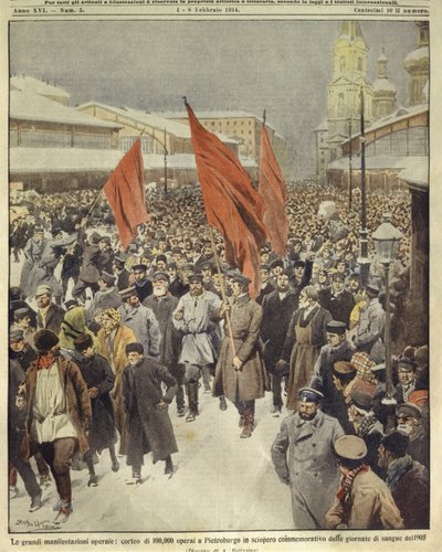 Illustrazione di copertina di centomila lavoratori che marciano per commemorare la Domenica di Sangue del 1905; San Pietroburgo, Russia da Achille Beltrame