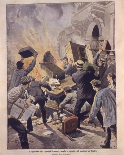 Illustrazione di copertina dei viticoltori che incendiano il Municipio di Beziers durante le rivolte in Francia da Achille Beltrame