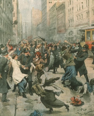 Illustrazione di copertina delle donne che protestano contro la disoccupazione in strada; New York, USA da Achille Beltrame