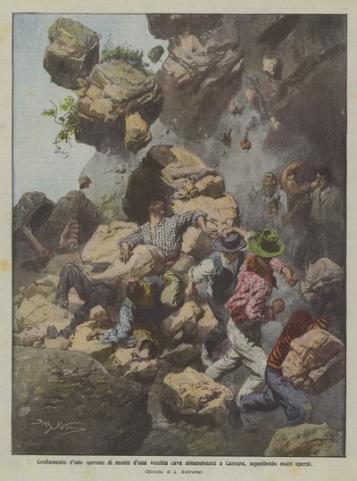Crollamento di uno sperone di monte di una vecchia cava abbandonata a Carrara, seppellendo molti operai da Achille Beltrame