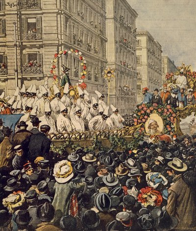 Folla durante il carnevale a Napoli, di Achille Beltrame, illustrazione, Illustratore Achille Beltrame (1871-1945), da La Domenica del Corriere, 31 gennaio 1904 da Achille Beltrame