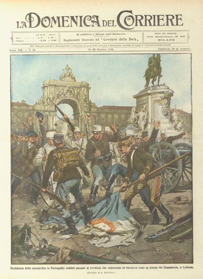 Decadenza della monarchia in Portogallo, soldati passati ai rivoltosi che calpestano la bandiera da Achille Beltrame