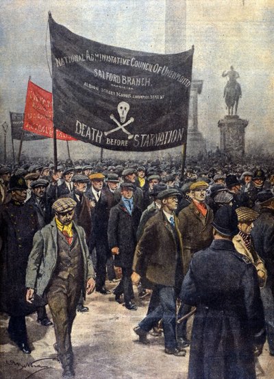Dimostrazione di minatori in sciopero. Londra 1922. Illustrazione di Achille Beltrame. La Domenica del Corriere. da Achille Beltrame