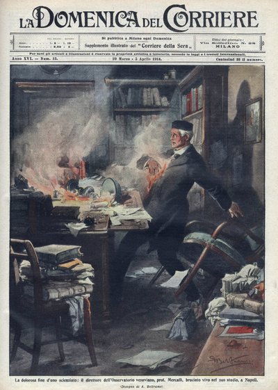 Morto nel suo laboratorio a Napoli da Giuseppe Mercalli (1850-1914), sismologo e vulcanologo italiano. Illustrazione di Achille Beltrame per "La domenica del corriere". 1914. da Achille Beltrame