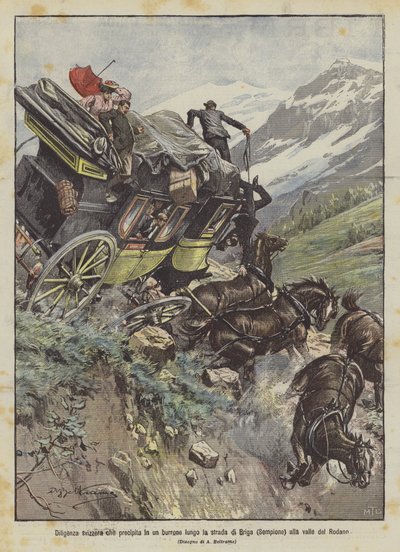 Diligenza svizzera precipita in un burrone lungo la strada di Briga alla valle del Rodano da Achille Beltrame
