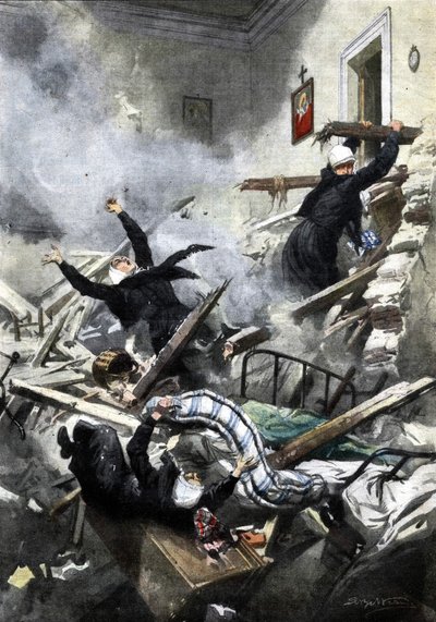 Disastro in un edificio a Genova: buone sorelle scomparse nel crollo di due appartamenti. Illustrazione di Beltrame. "La Domenica del Corriere". 04/1914 da Achille Beltrame