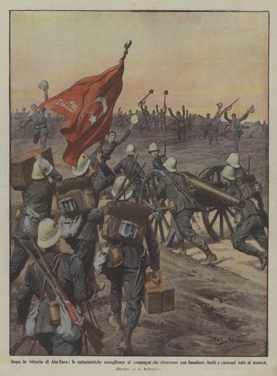 Dopo la vittoria di Ain-Zara, le entusiastiche accoglienze ai compagni che ritornano con bandiere da Achille Beltrame