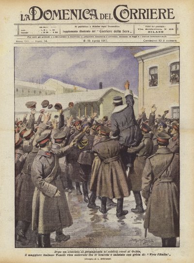 Dopo un discorso di propaganda ai soldati russi di Ochta, il maggiore italiano Tonelli da Achille Beltrame