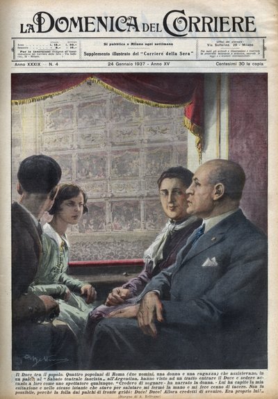 Il duce Benito Mussolini, capo del governo fascista, che venne a vedere uno spettacolo al "Teatro Argentina" di Roma, si sistema tra gli spettatori italiani, che sono così vicini a lui. Illustrazione di Achille Beltrame in "La domenica del corriere" 24/01/ da Achille Beltrame