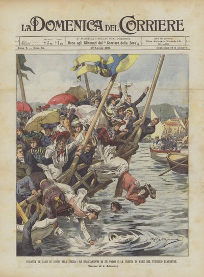 Durante le gare di nuoto alla Spezia, lo sfasciamento di un palco e la caduta in mare del pubblico plaudente da Achille Beltrame
